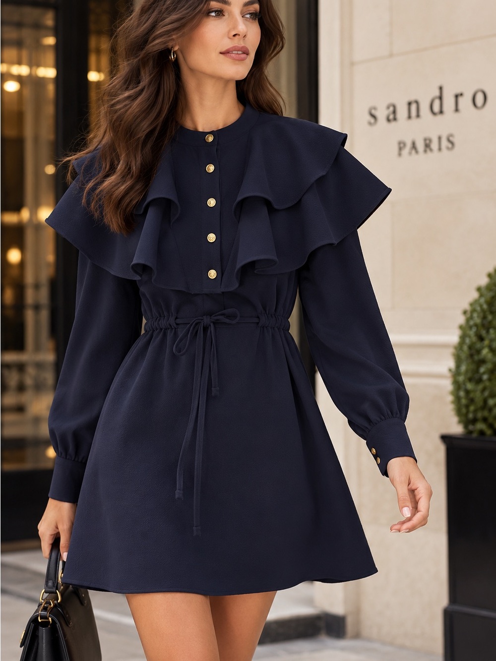 Elegant Navy Ruffle-Front Mini Dress with Drawstring Waist